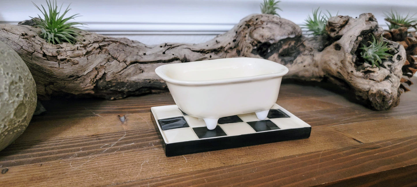 Small Bathtub Planter with Tile Floor Water Catch