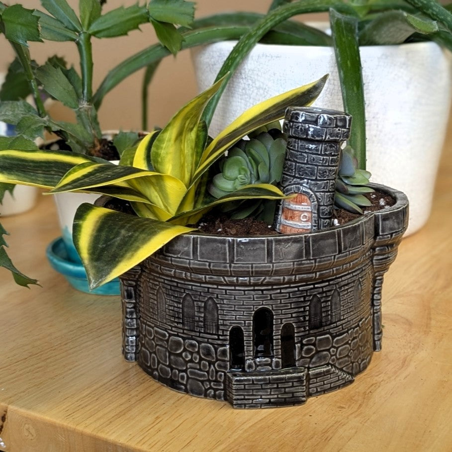 Ceramic Castle Plant Pot - 7.5 x 6 Inch Round Turret Planter - Handmade Pottery for Plant Lovers - Unique Fairy Garden Decor