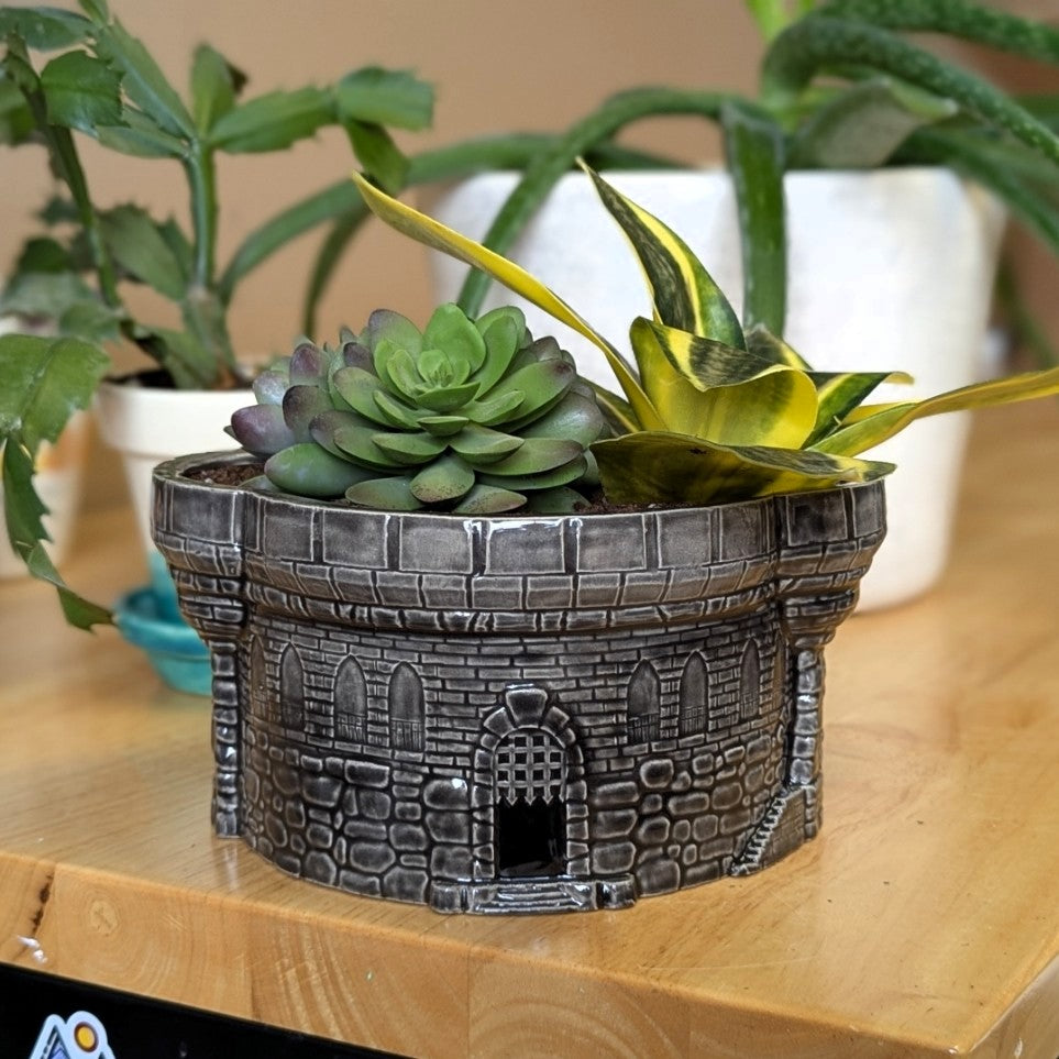 Ceramic Castle Plant Pot - 7.5 x 6 Inch Round Turret Planter - Handmade Pottery for Plant Lovers - Unique Fairy Garden Decor