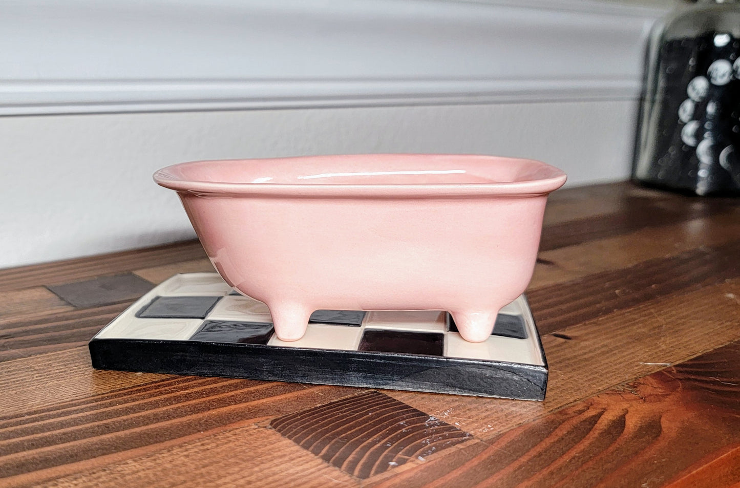 Small Bathtub Planter with Tile Floor Water Catch